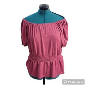 LC Lauren Conrad Off Shoulder Shirt Red W/ Silver Metallic Stripes Size XXL